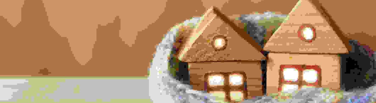 Two small wooden houses with light in the windows are covered with a large scarf. warm and cozy rates for couples (Two small wooden houses with light in the windows are covered with a large scarf. warm and cozy rates for couples, ASCII, 114 components